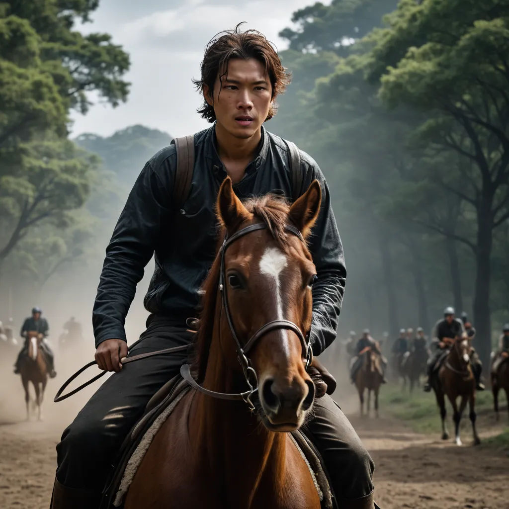 a man riding on the back of a brown horse down a dirt road next to a forest filled with trees, mingei, a poster, Eizan Kikukawa, promotional image