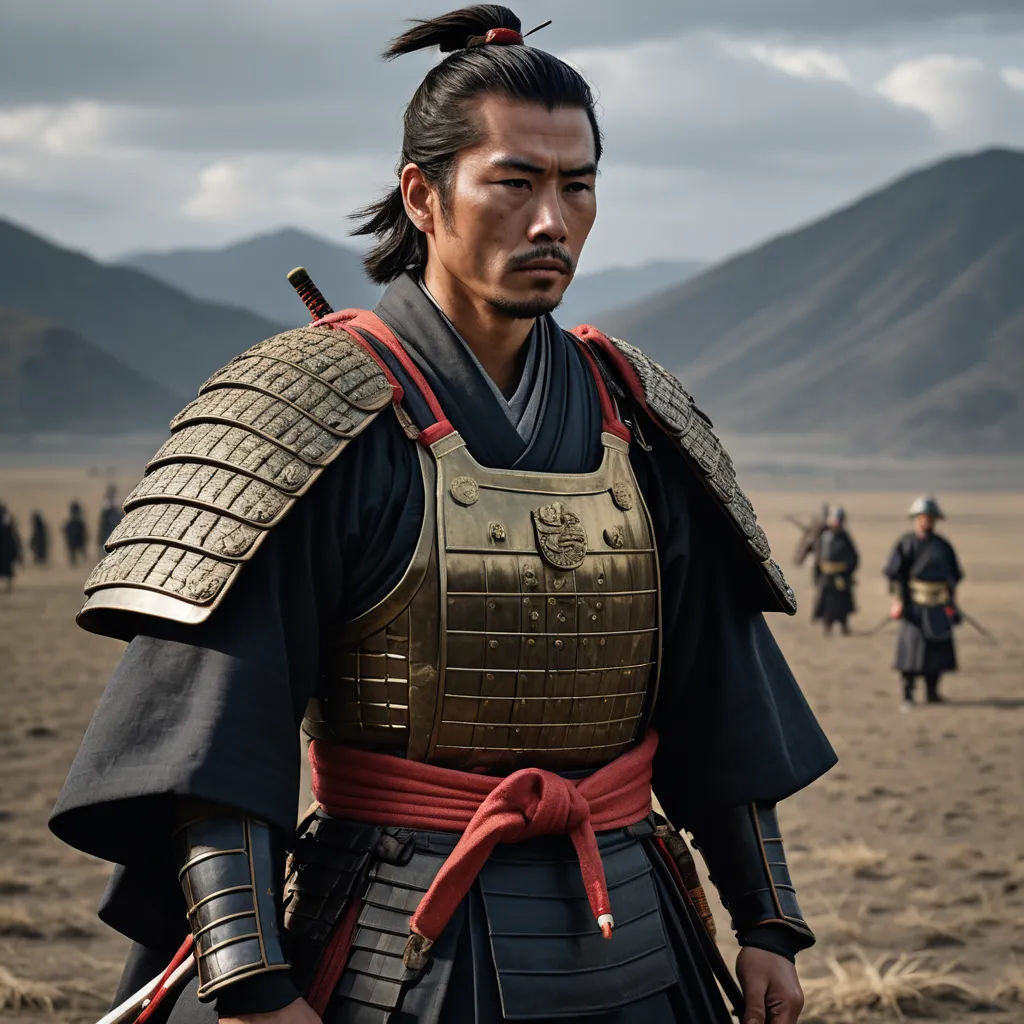 a man in a japanese costume standing in a field with mountains in the background and a sky filled with clouds, dau-al-set, a character portrait, Dai Jin, movie still