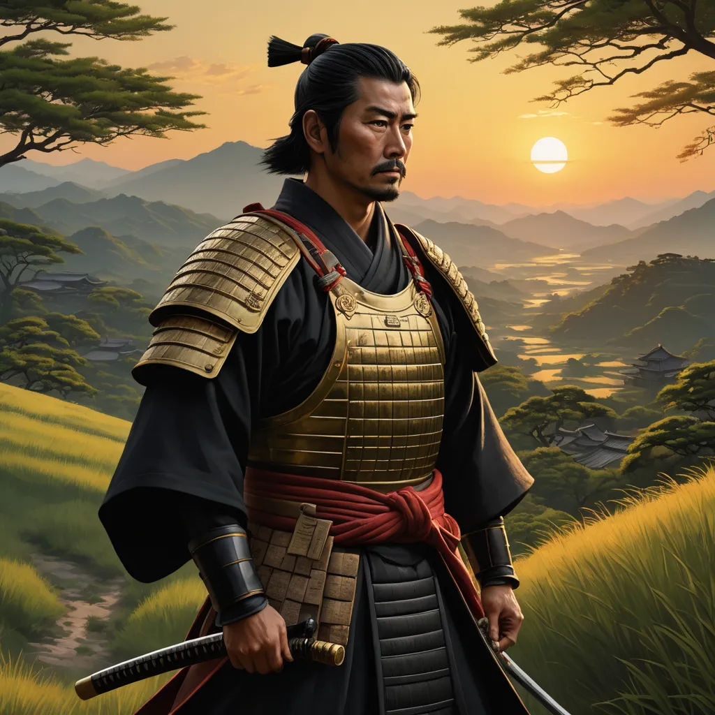 a painting of a man in a japanese costume holding a sword and looking at the sun in the distance, dau-al-set, a character portrait, Eizan Kikukawa, official art