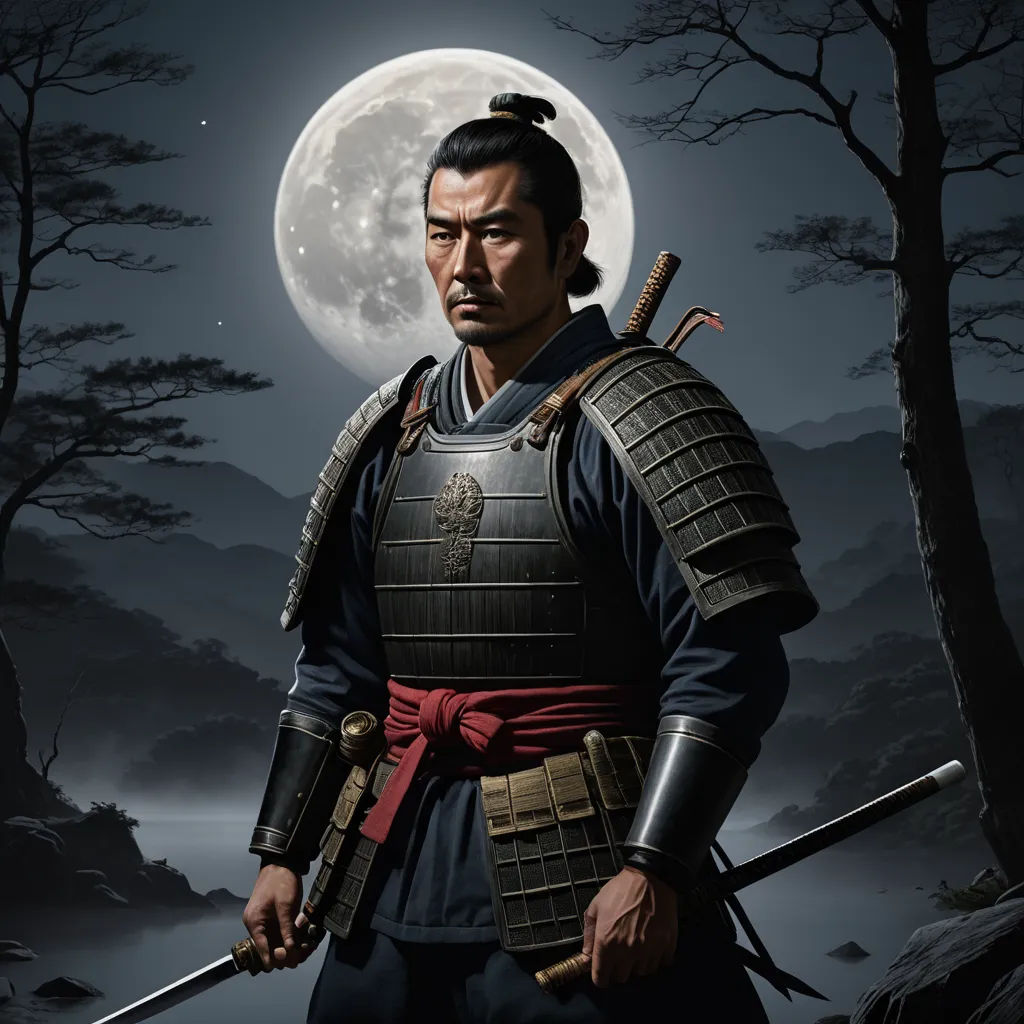 a man in a japanese costume holding a sword in front of a full moon background with trees and a full moon, ukiyo-e, a character portrait, Baiōken Eishun, highly detailed digital painting