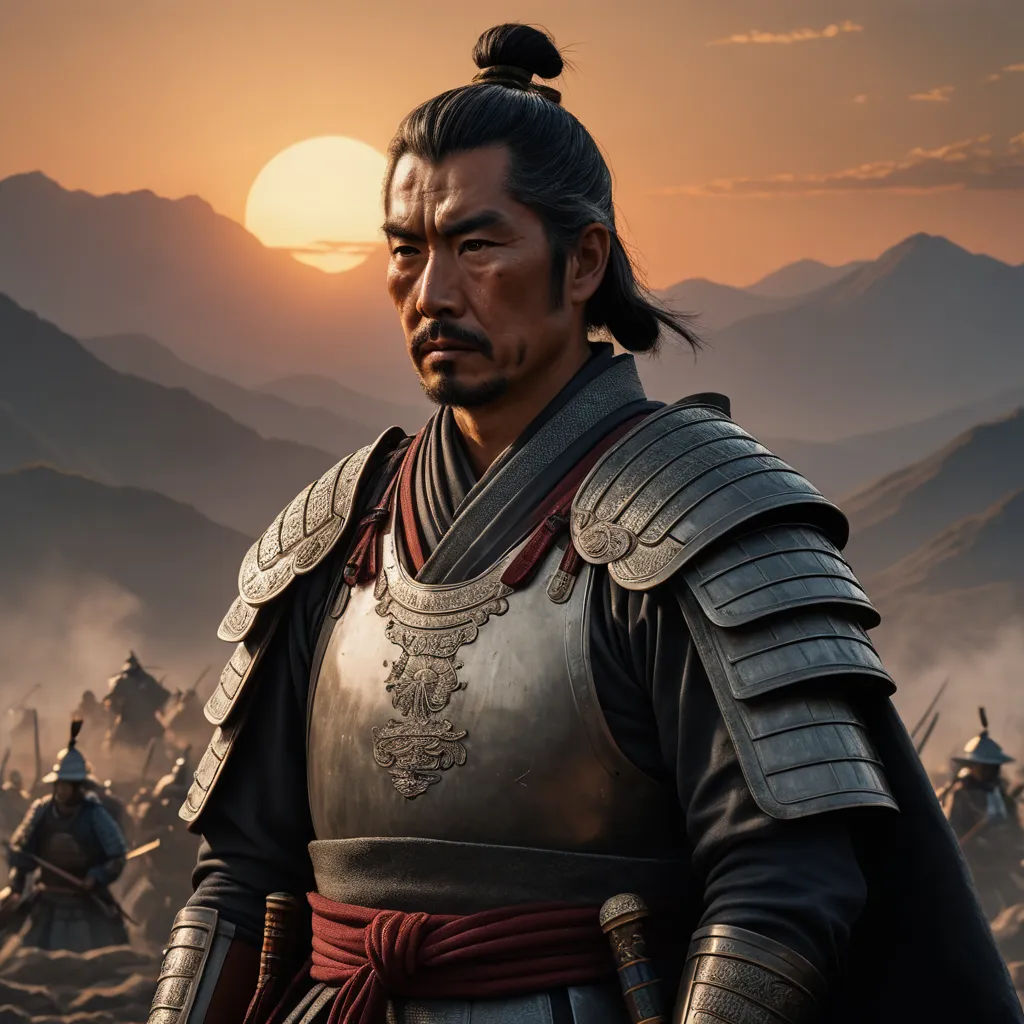 a man in a suit of armor standing in front of a mountain range at sunset with a sunset behind him, dau-al-set, a character portrait, Emperor Huizong of Song, unreal engine 5 highly rendered