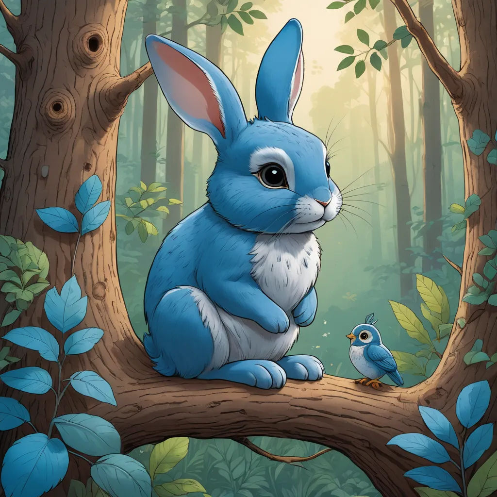 a blue bunny and a bird sitting on a tree branch in a forest with leaves and branches around it, fantasy art, a storybook illustration, Chris LaBrooy, trending on art station