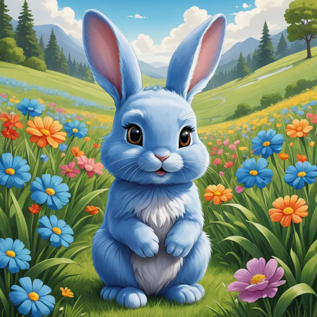 a blue bunny sitting in a field of flowers with a blue sky background and clouds in the background,, furry art, an airbrush painting, Chris LaBrooy, professional digital painting
