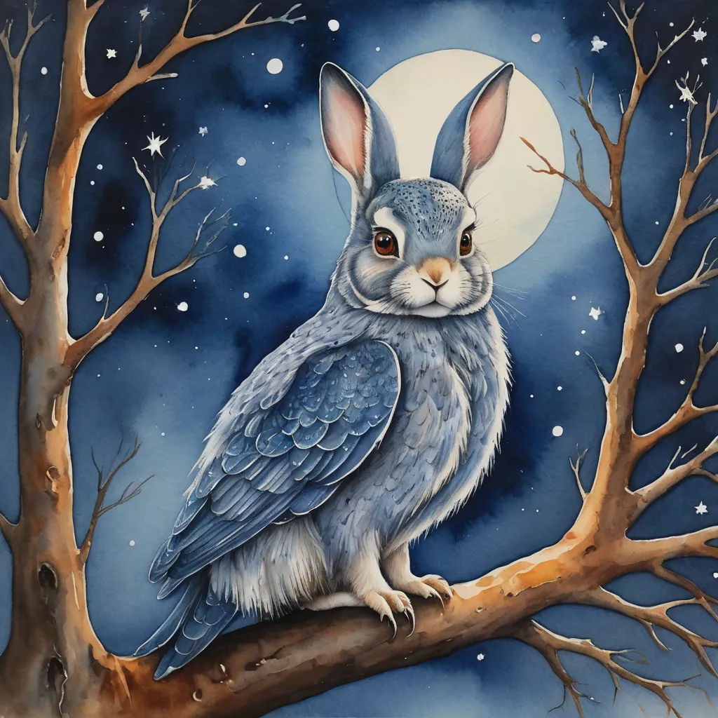 a painting of a rabbit sitting on a branch in front of a full moon and stars sky with a tree branch with a bird perched on it, fantasy art, a storybook illustration, Fiona Stephenson, in gouache detailed paintings