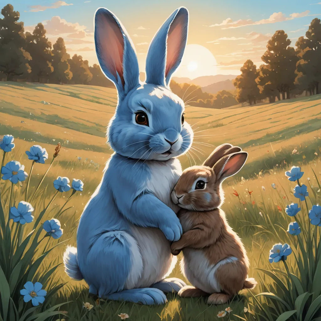 a painting of two rabbits in a field of flowers with the sun in the background and a field of blue flowers, furry art, a painting, Chris LaBrooy, official art