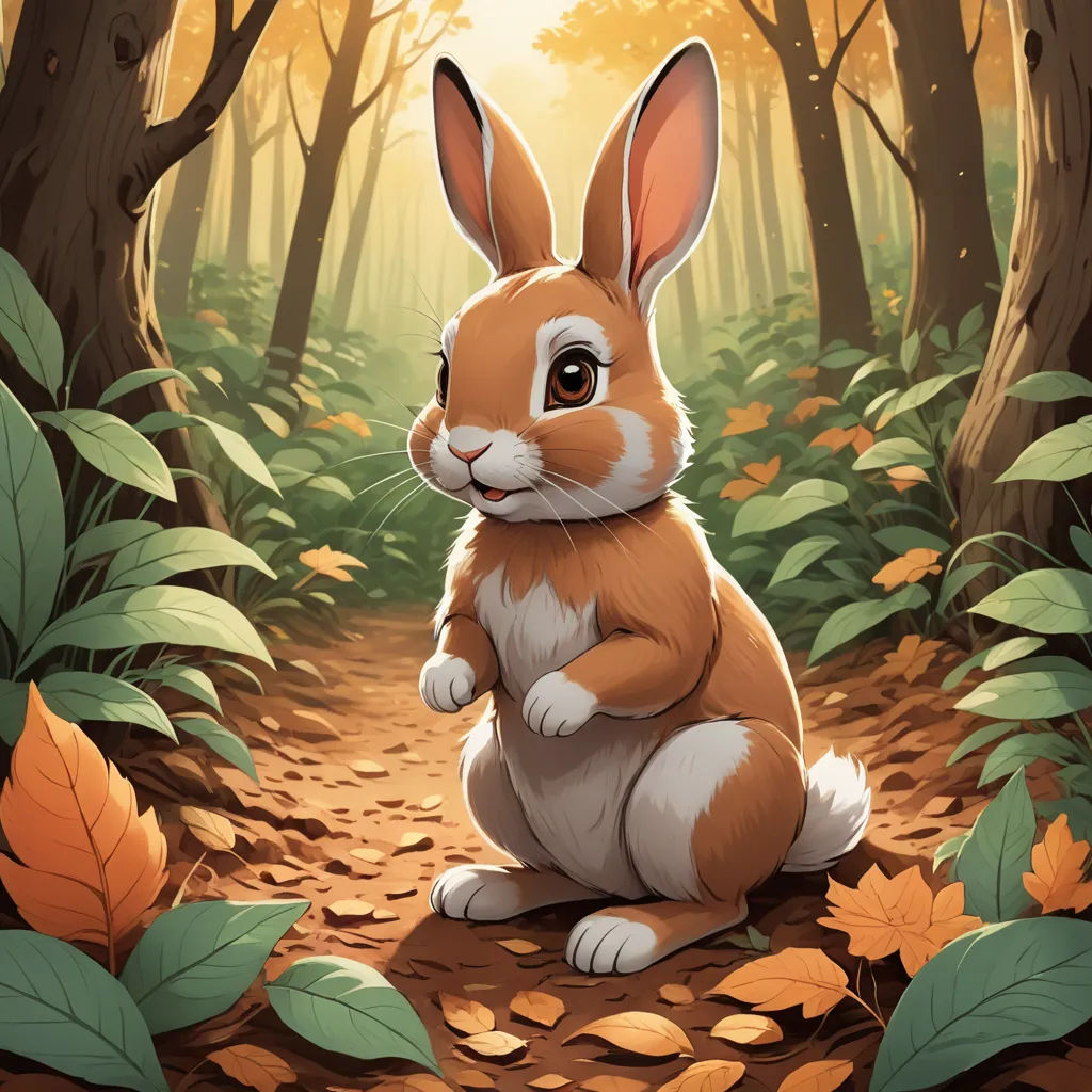 a rabbit sitting in the middle of a forest with leaves on the ground and a sun shining through the trees, altermodern, a digital painting, Chris LaBrooy, rossdraws global illumination