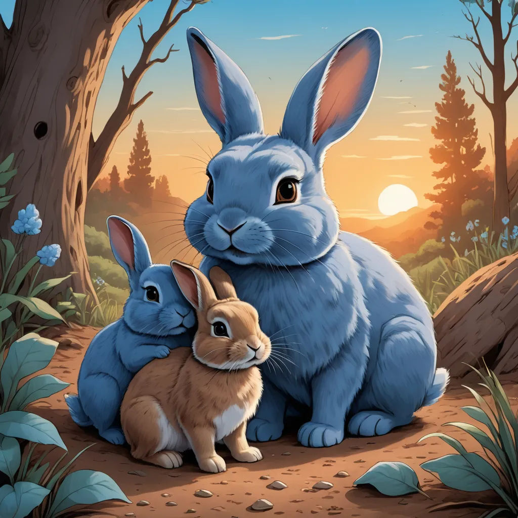 a couple of rabbits sitting next to each other in a forest at sunset or sunrise time with trees and bushes, furry art, a storybook illustration, Dan Mumford, josan gonzales and dan mumford