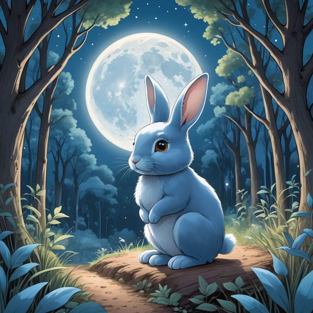 a rabbit sitting in the middle of a forest under a full moon sky with trees and bushes around it, fantasy art, a storybook illustration, Chris LaBrooy, rossdraws global illumination