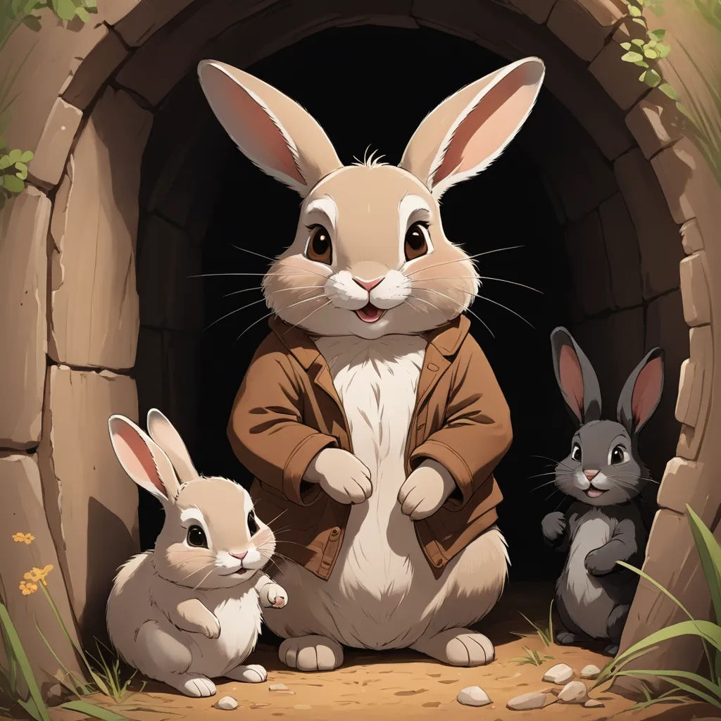 a rabbit and two rabbits in a cave with grass and flowers around it, with a man in a brown jacket, furry art, a storybook illustration, Beatrix Potter, rossdraws global illumination