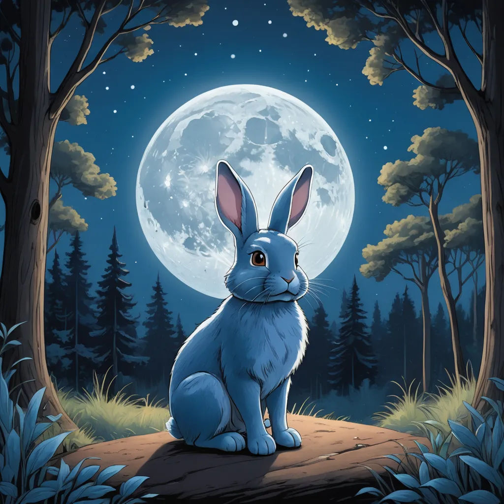 a rabbit sitting in the middle of a forest under a full moon sky with trees and bushes around it, space art, a storybook illustration, Dan Mumford, storybook illustration