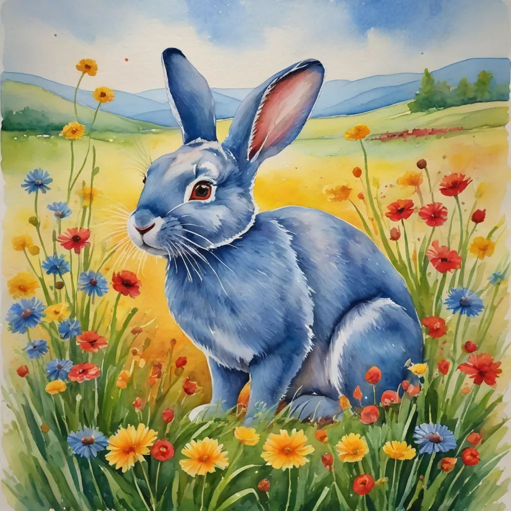 a painting of a blue rabbit in a field of flowers and daisies with a blue sky in the background, naive art, a watercolor painting, Beatrix Potter, watercolor