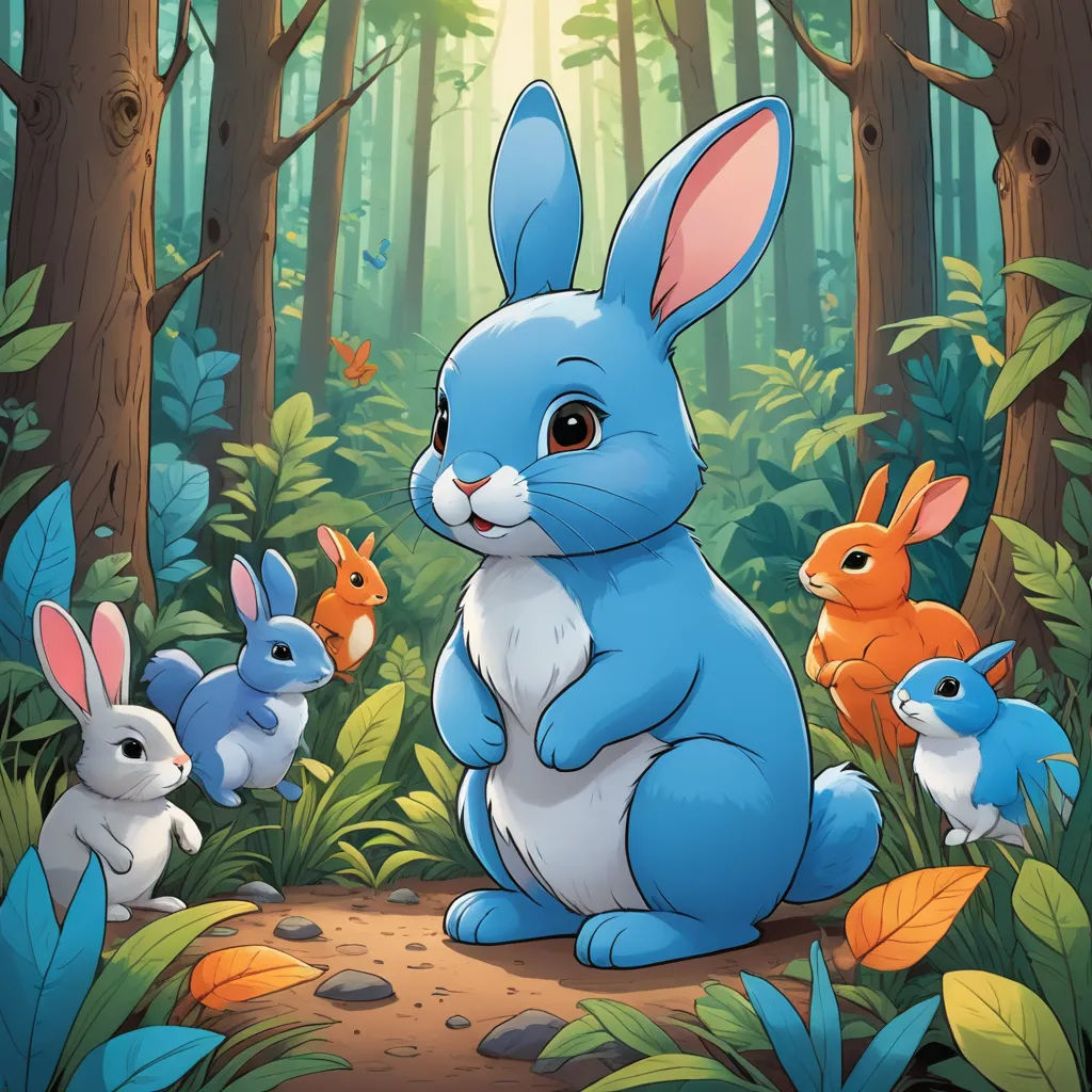a blue bunny surrounded by other rabbits in a forest with trees and grass in the background, with sunlight shining through the trees, furry art, a storybook illustration, Beatrix Potter, official art