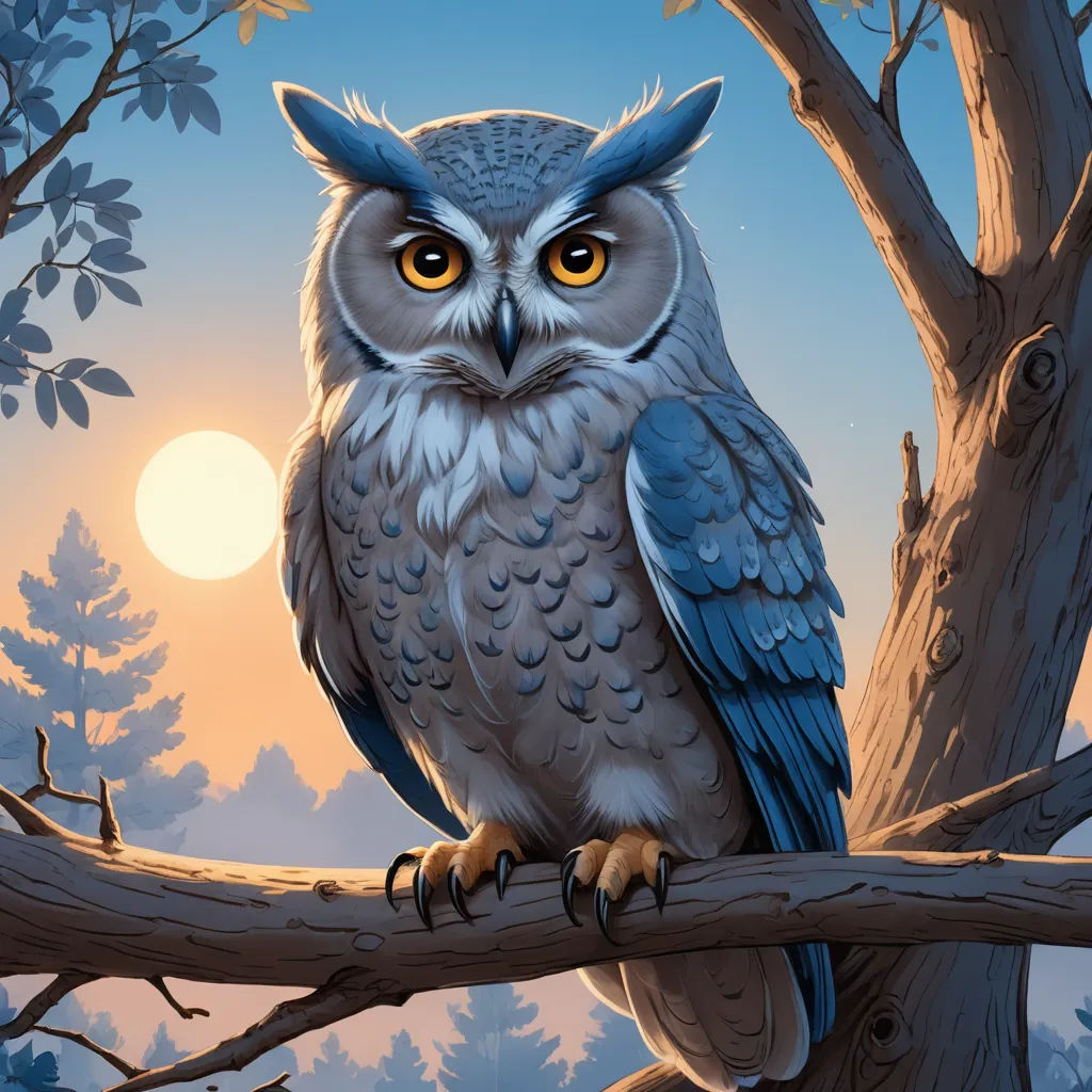 a painting of an owl sitting on a tree branch with the sun in the background and a tree branch with leaves, fantasy art, a storybook illustration, Dan Mumford, highly detailed digital painting