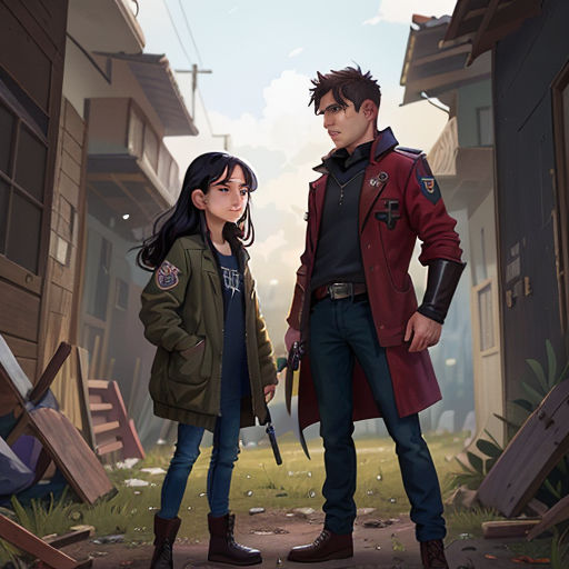a man and a woman standing in a alley with a gun in hand and a dog in the other hand