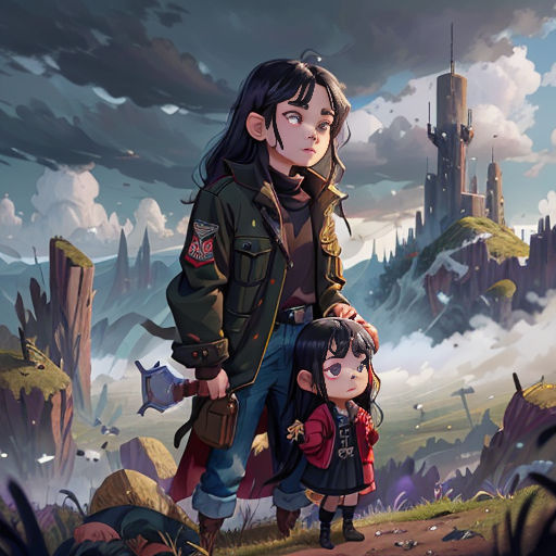 a woman and a child standing in front of a castle with a sky background and clouds in the background