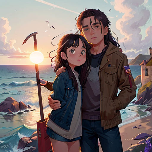 a couple standing next to each other on a beach near the ocean with a sunset in the background and a person holding a scooter