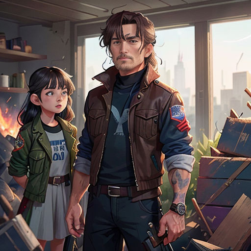 a man and a girl standing in a room with a fire in the background and a building in the background