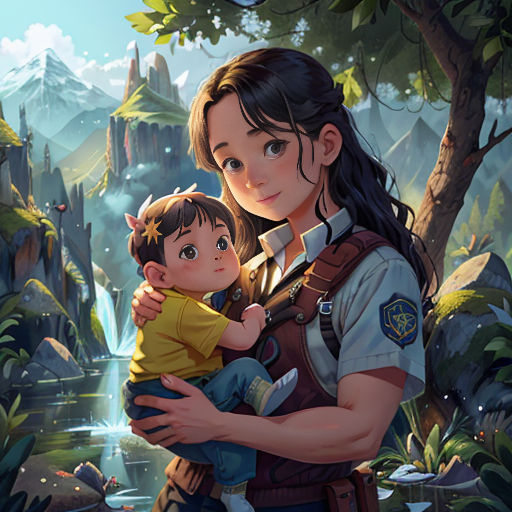 a woman holding a child in a forest with a waterfall in the background and a forest in the background