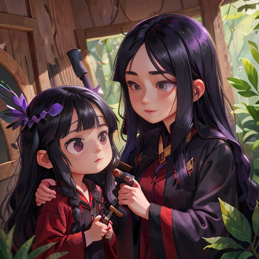 two anime girls standing next to each other in front of a tree and bushes with a sword in their hand