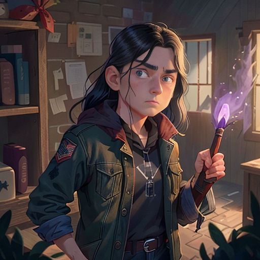 a woman holding a wand in her hand in a room with a desk and bookshelf in the background