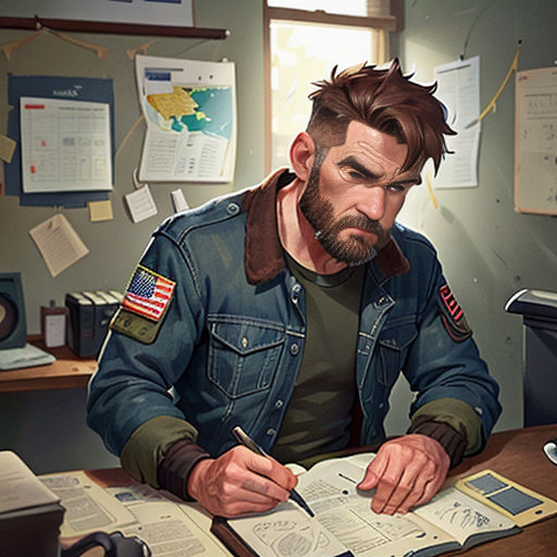 a man sitting at a desk with a book and pen in his hand and a computer on the desk