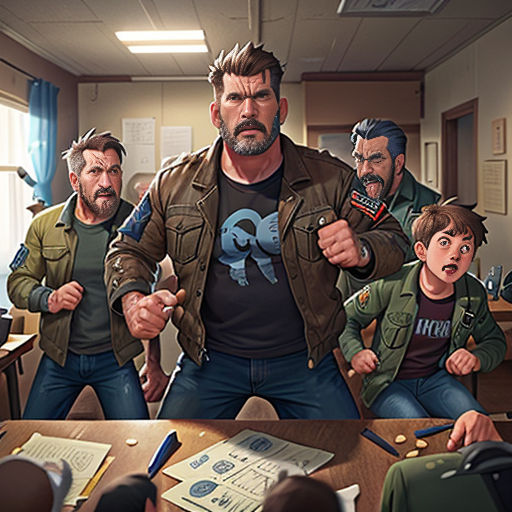 a group of people standing around a table in a room with a man pointing at the camera and a man pointing at the camera