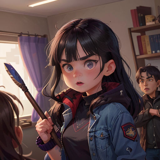 a girl holding a stick in a room with other children looking on in the background and a window with curtains