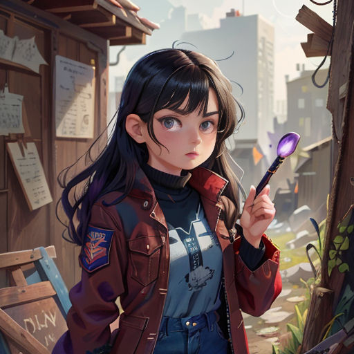 a girl holding a purple mirror in her hand and looking at the camera with a city in the background