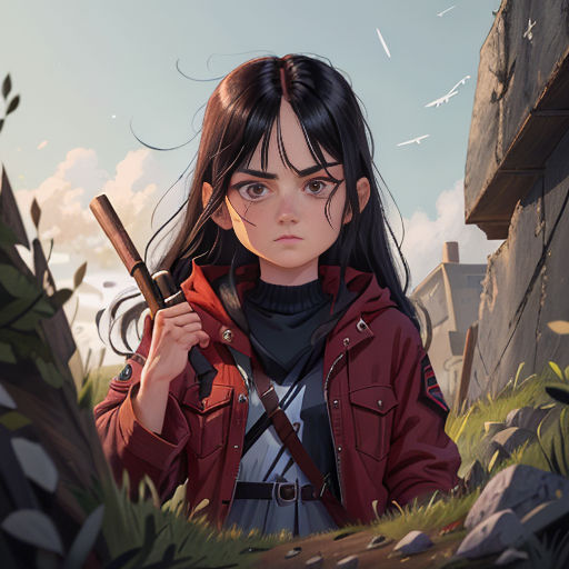 a girl holding a sword in a cartoon style scene with a sky background and a building in the background