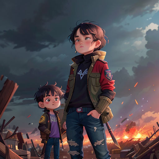 a boy and a girl standing in front of a fire with a sky background and a dark cloud in the background