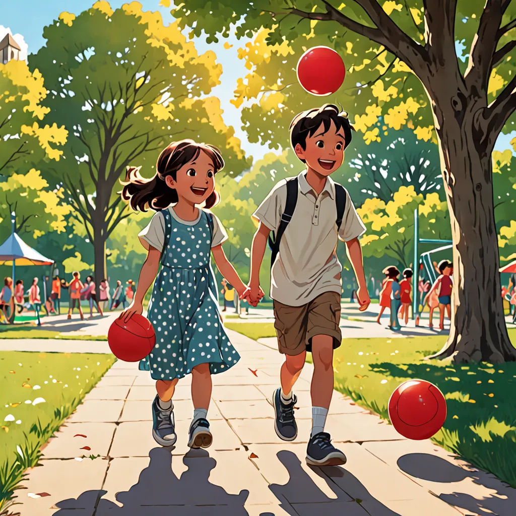 a couple of kids walking down a sidewalk with a red ball in the air above them and a red ball in the air, american scene painting, a storybook illustration, Aaron Jasinski, rossdraws global illumination