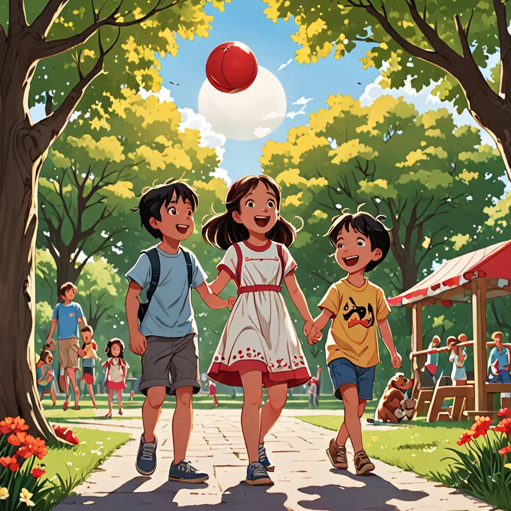 a group of children walking down a sidewalk holding hands and a ball flying above them in the air above them, american scene painting, a storybook illustration, disney, official art