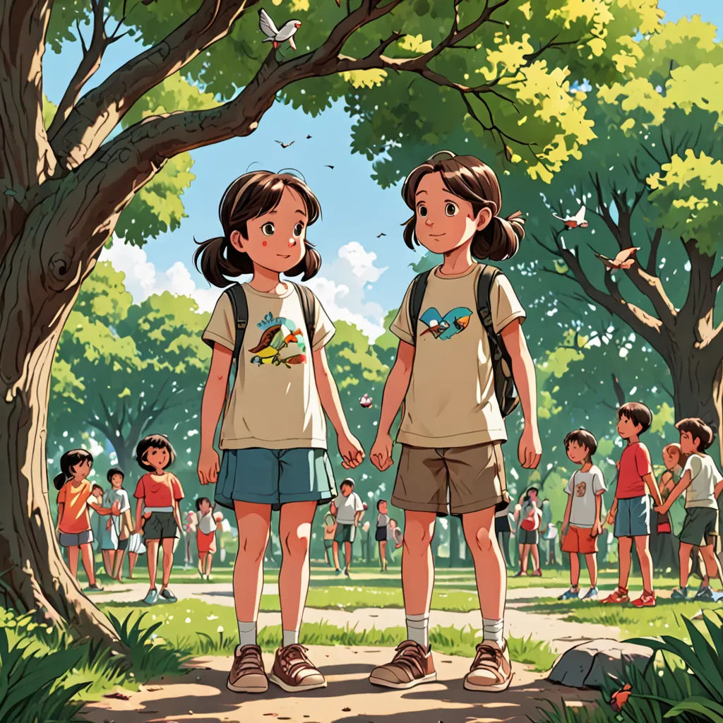 two children standing in front of a crowd of people in a park holding hands and looking at each other, environmental art, a storybook illustration, Chen Chun, rossdraws global illumination