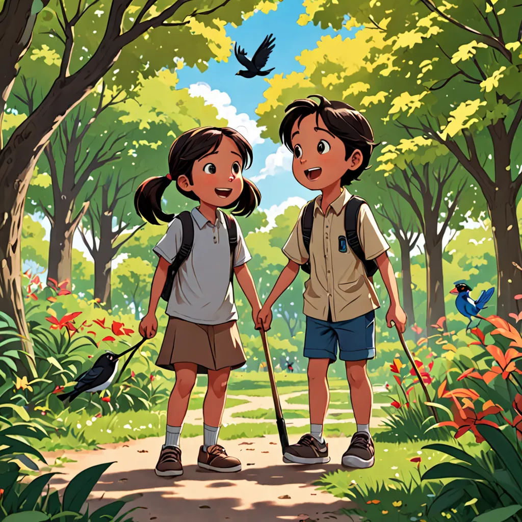 a couple of kids standing next to each other in a forest with a bird flying overhead and a bird flying overhead, environmental art, a storybook illustration, Choi Buk, official art