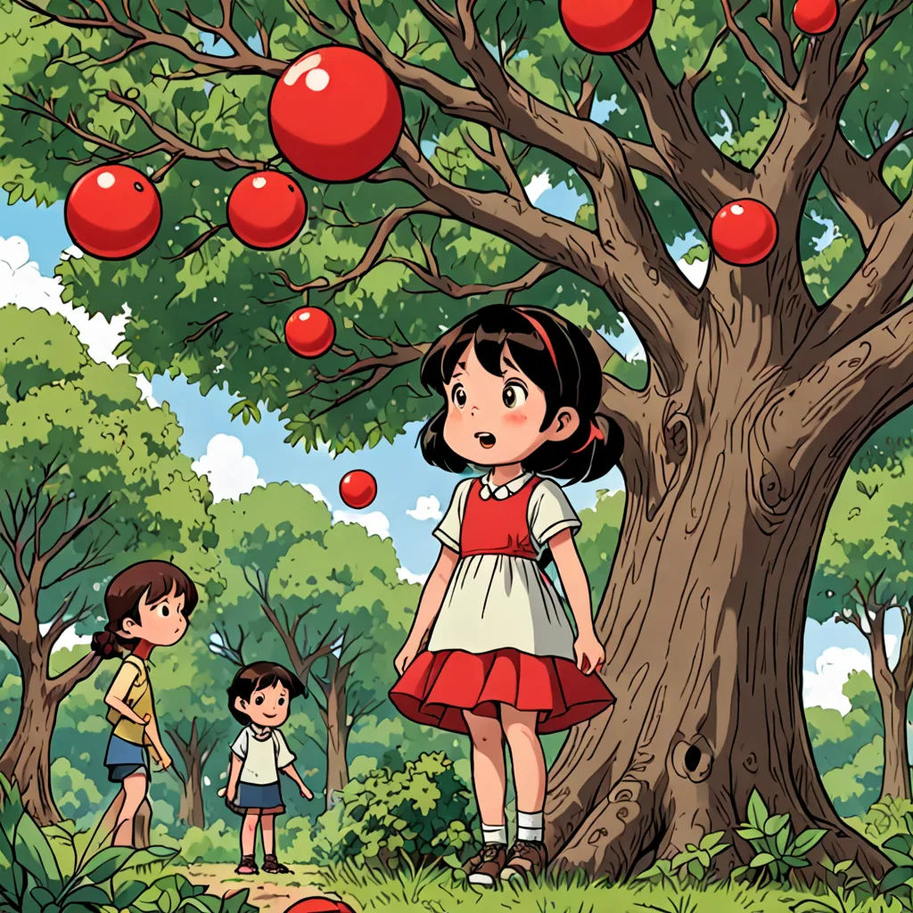 a girl and a boy are standing under a tree with apples on it and a red ball in the air, serial art, a storybook illustration, Ayako Rokkaku, official art