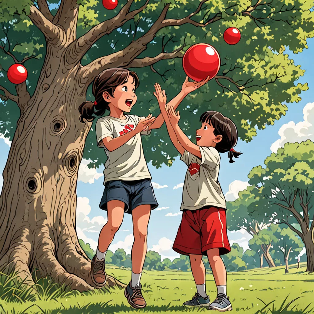 two children playing with a red ball in a park with a tree and a blue sky in the background, precisionism, a storybook illustration, Chizuko Yoshida, color page