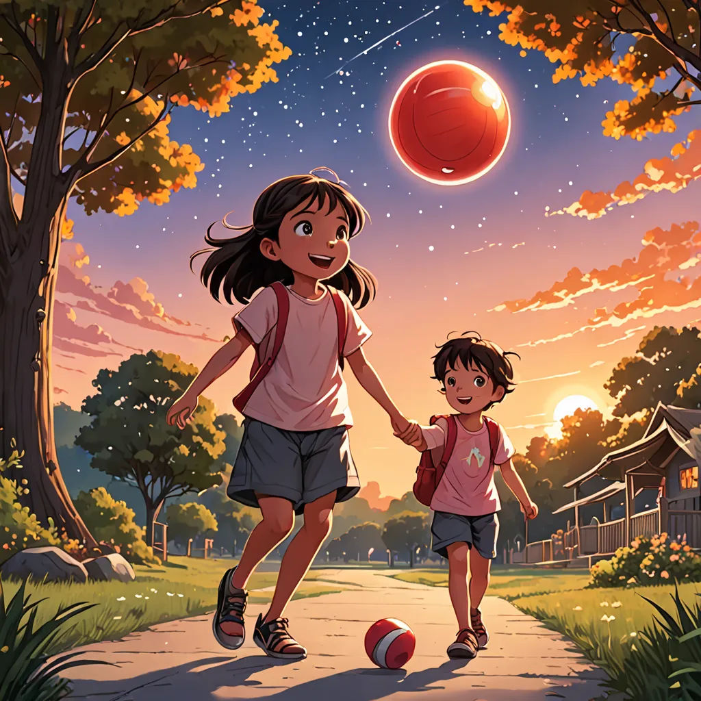 a couple of kids walking down a sidewalk next to a red ball in the air above them is a red ball, space art, a storybook illustration, Aaron Jasinski, official art