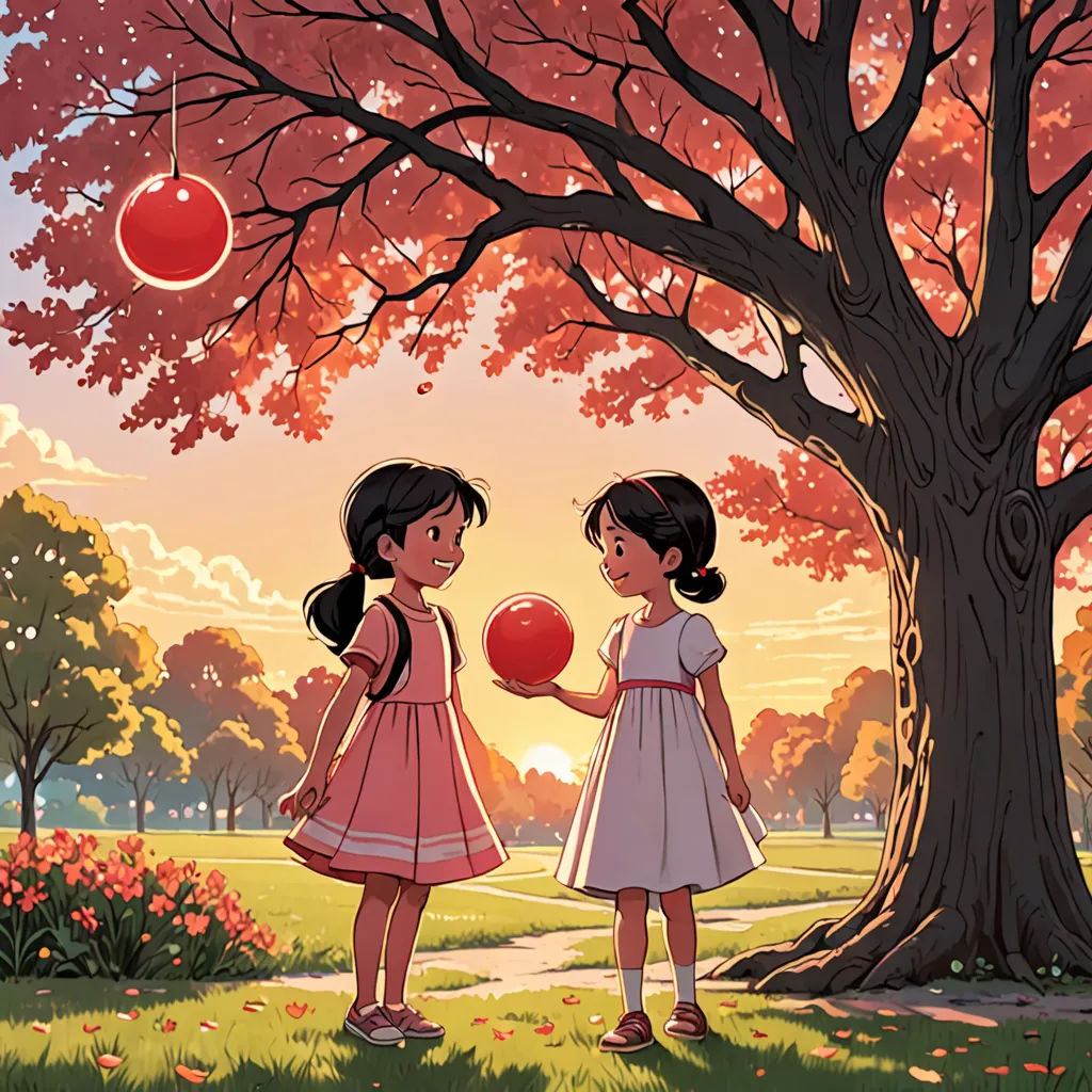 two little girls standing under a tree with balloons in their hands and a red balloon in the air,, american scene painting, a storybook illustration, Chris LaBrooy, rossdraws global illumination