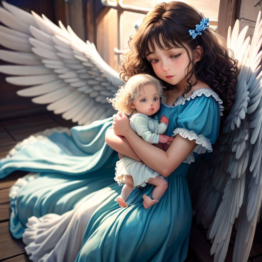 a painting of a girl holding a doll in her arms and wings on a porch with a window behind her