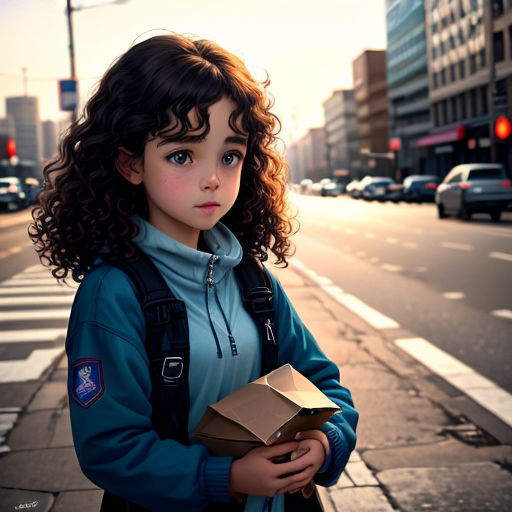 a young girl is standing on the side of the road holding a box and a backpack on her shoulder