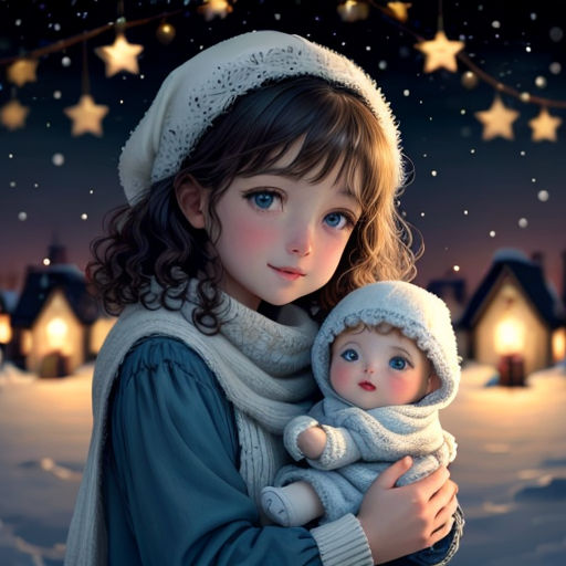a painting of a girl holding a doll in a snowy night scene with stars and a starlight sky
