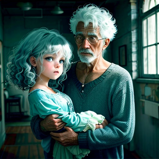 a man and a little girl are standing in a room with windows and a painting of an older man