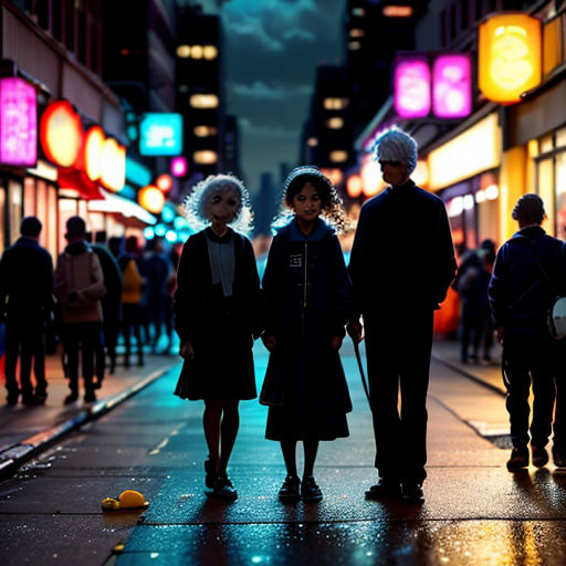 three people standing on a sidewalk in the rain at night time with a city street in the background and brightly lit signs