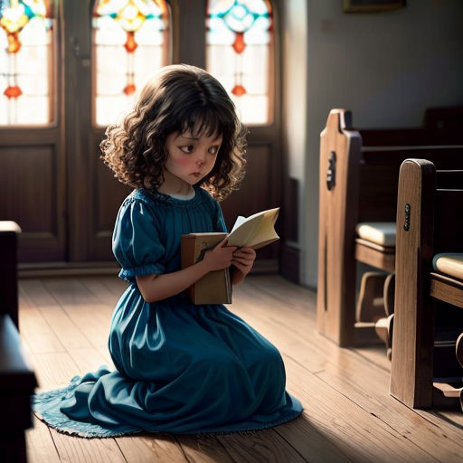 a little girl sitting on the floor reading a book in a church with stained glass windows behind her and a wooden pew