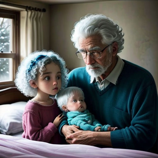 a man and two children are sitting on a bed together, one is holding a doll and the other is holding a doll