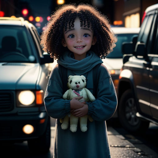 a little girl holding a teddy bear in her hands on a city street at night with cars and buildings in the background