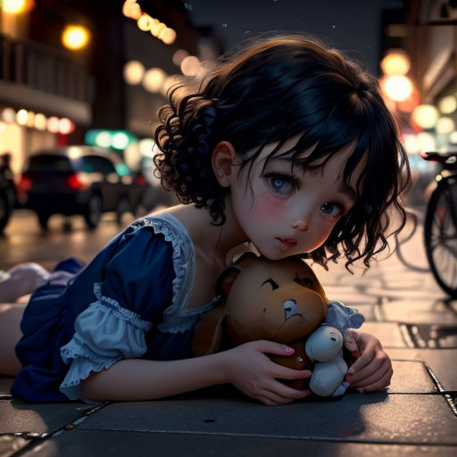a little girl laying on the ground with a teddy bear in her hands and a bicycle in the background