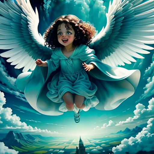a girl with wings flying through the air over a city and clouds with a castle in the background and a castle in the sky
