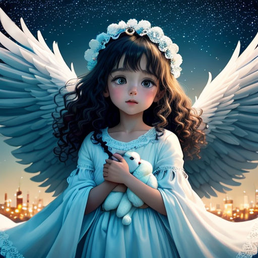a little girl with angel wings holding a teddy bear in her arms with a city in the background at night