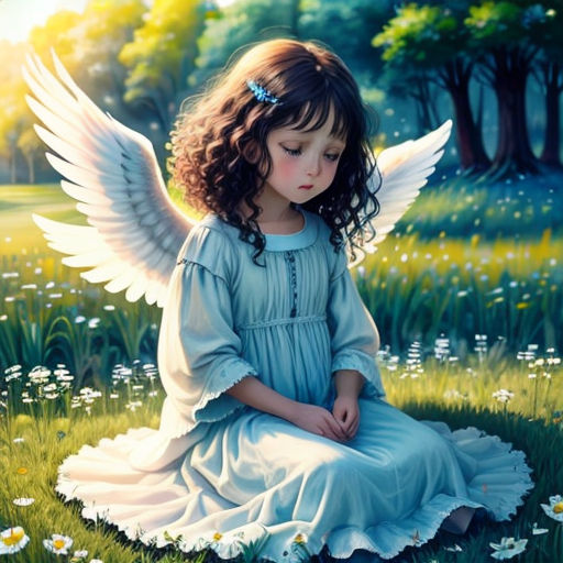 a painting of a little girl sitting in the grass with an angel wings on her head and a blue dress